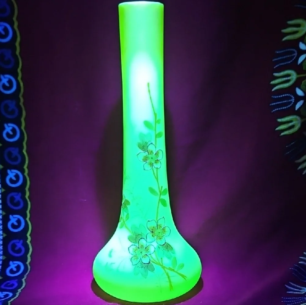 Antique Harrach Bohemian Uranium Custard Glass Hand-Painted Floral Bud Vase